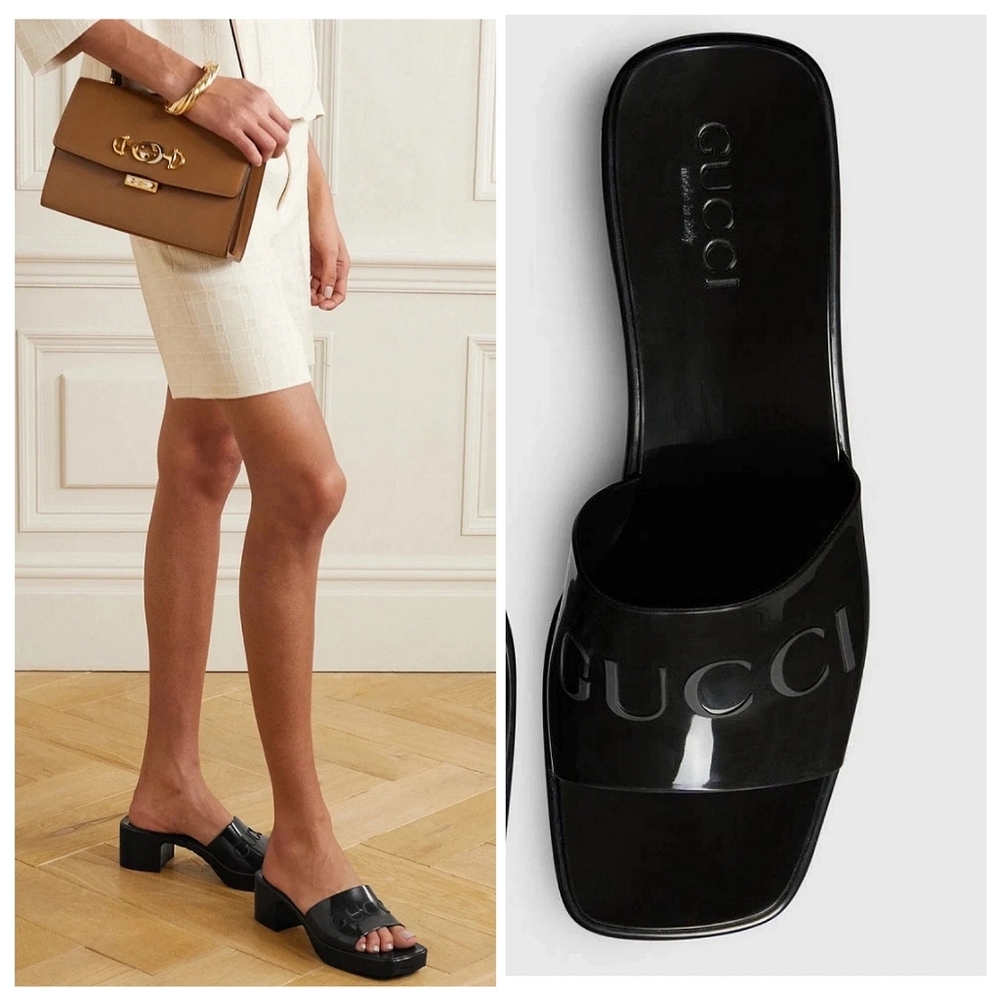 GUCCI Plastique Logo Rubber Heeled Mule Sandals Black Resortwear Minimalist US 8 - Picture 16 of 16